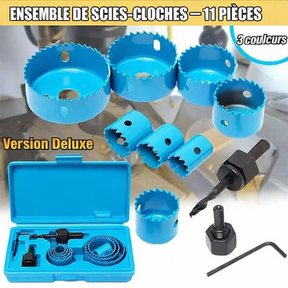 Ensemble de scie cloches bleues mandrins noirs dans boite plastique bleue onze pieces