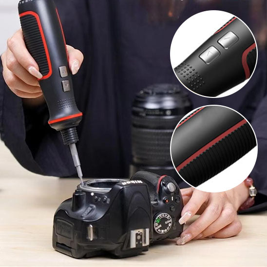 femme repare appareil photo avec Tournevis electrique Rechargeable USB 3.6V avec lumière LED