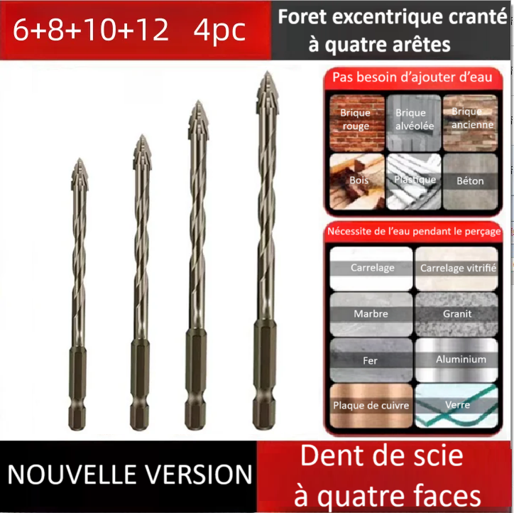 Foret perceuse |Foret excentrique 4 arêtes en alliage renforcé – perce, porcelaine, béton, briques et l’acier