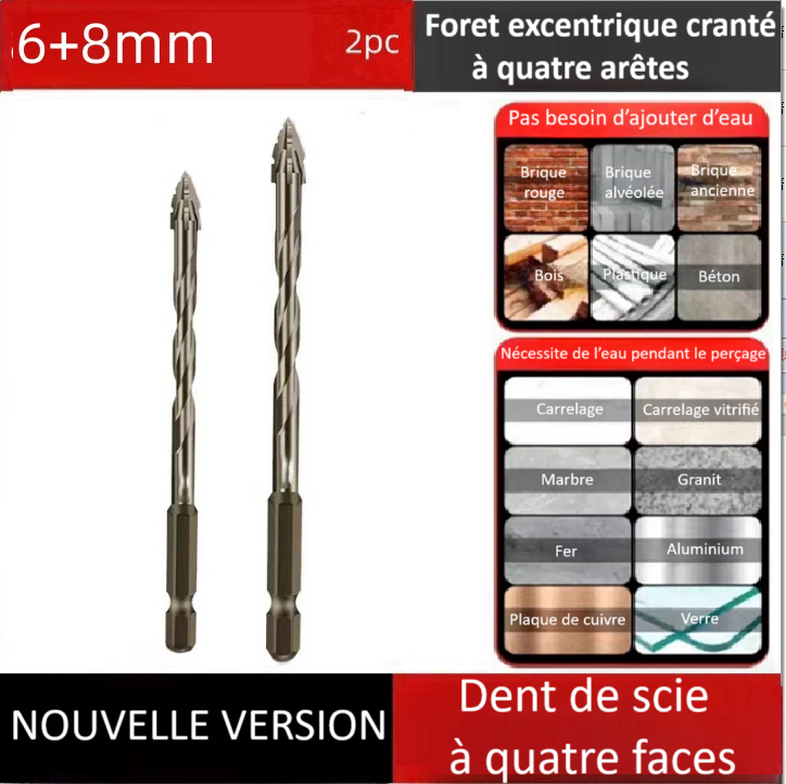 Foret perceuse |Foret excentrique 4 arêtes en alliage renforcé – perce, porcelaine, béton, briques et l’acier
