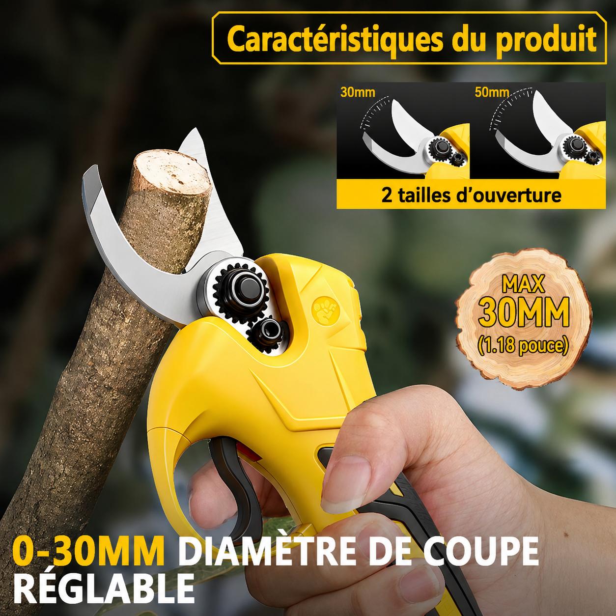 Secateur electrique sans fil 30 mm, 2 vitesses, rechargeable, pour arbres fruitiers et bonsaïs, compatible avec batterie Makita 18V