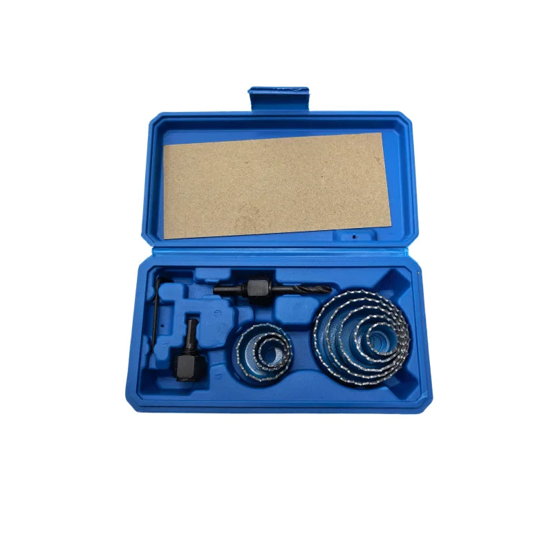 Kit scie cloche bleue deux mandrins noirs dans boite plastique bleue.