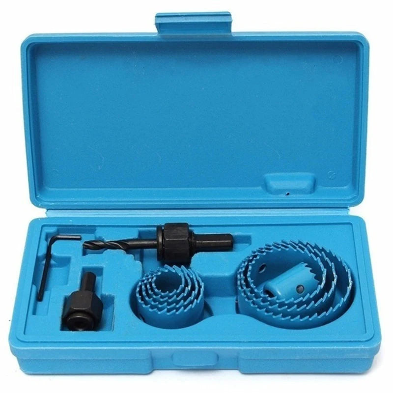 Kit scie cloche bleues deux mandrins noirs dans boite plastique bleue.