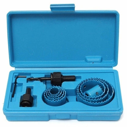Kit scie cloche bleues deux mandrins noirs dans boite plastique bleue.