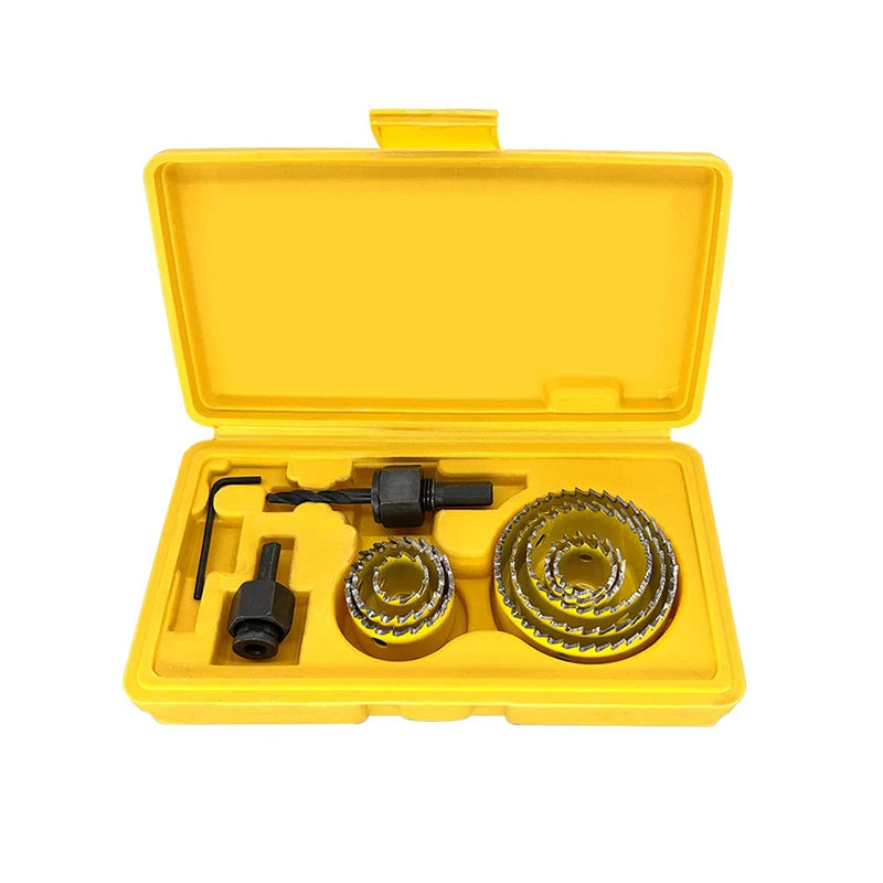 Kit scie cloche jaune deux mandrins noir dans boite plastique jaune
