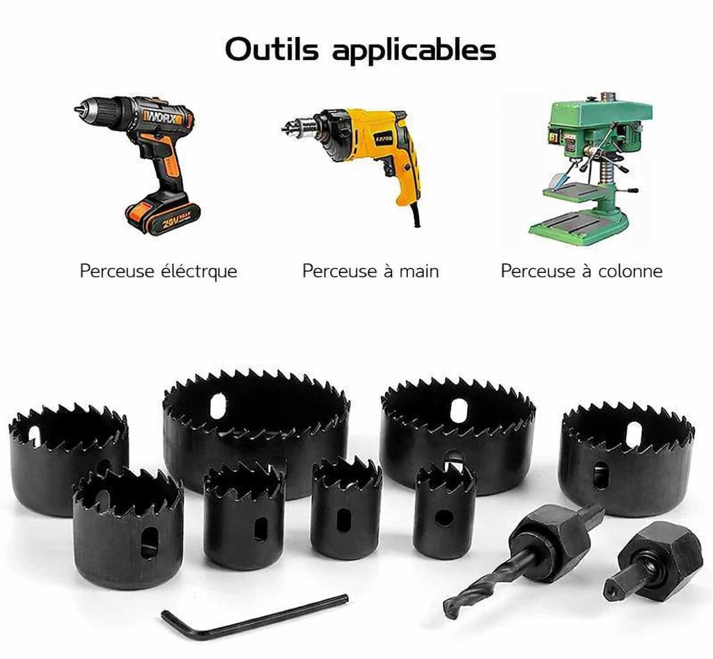 Kit scie cloche noir deux mandrins noirs cle hallen noire perceuse electrique  noire orange a main jaune a colonne verte 