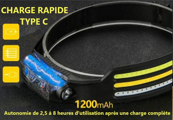 Lampe Frontale noire trois bandes , Autonomie huit heures