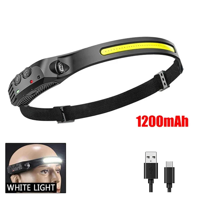 Lampe Frontale noire une bande jaune sur crane chauve , Autonomie huit heures