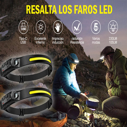 Lampe Frontale portee par deux hommes qui cuisinent la nuit au sommet de montagne 
