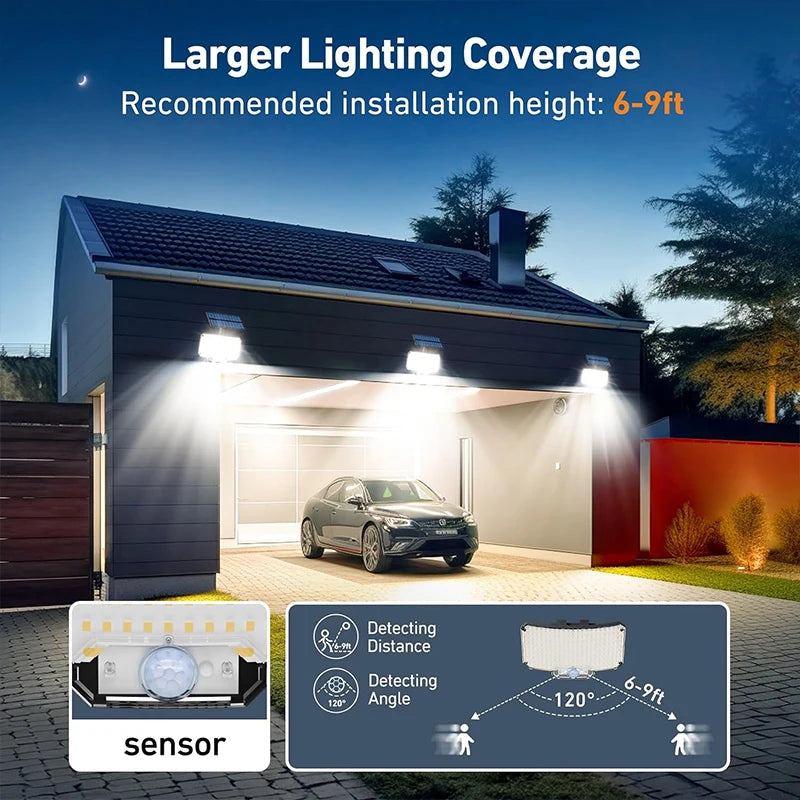 Lampe solaire extérieur éclaire  voiture devant garage avec angle de 120° 