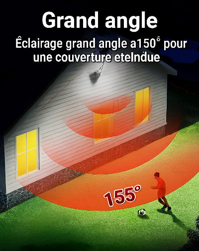 Lampe solaire extérieur avec détecteur mouvement, garçon joue ballon, devant maison eclairee nuit