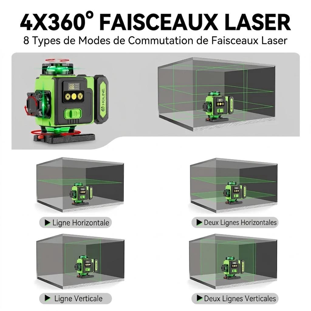 Niveau Laser 4D16 Lignes Vert faisceaux laser horizontal vertical
