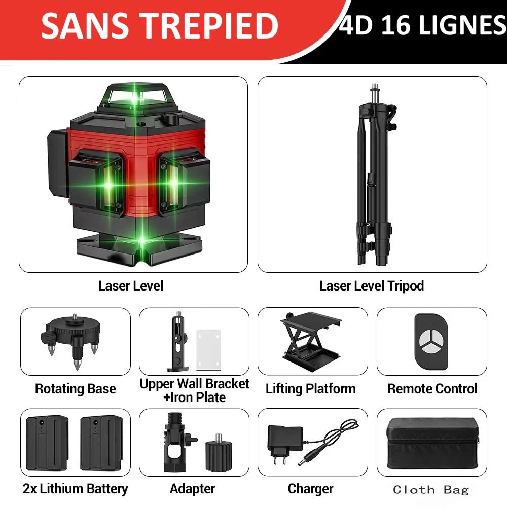 Niveau Laser  rouge base rotative chargeur sans trepied batterie  adaptateur acessoires seize lignes