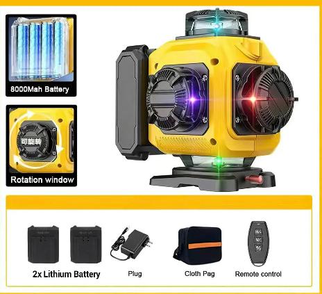 Niveau laser noir jaune seize lignes quatre  couleurs deux batteries sac accessoires