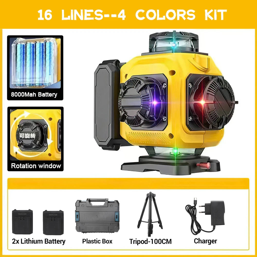 Niveau laser noir jaune seize lignes quatre  couleurs trepieds valise plastic accessoires
