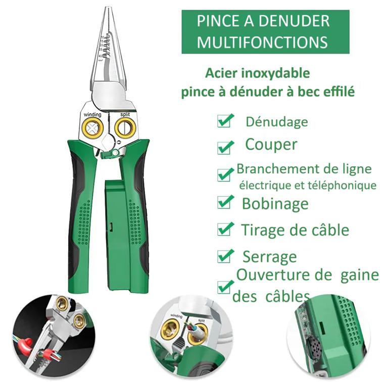 PINCE A DENUDER multifonction poignee verte cable rouge denudage couper bobinage serrage