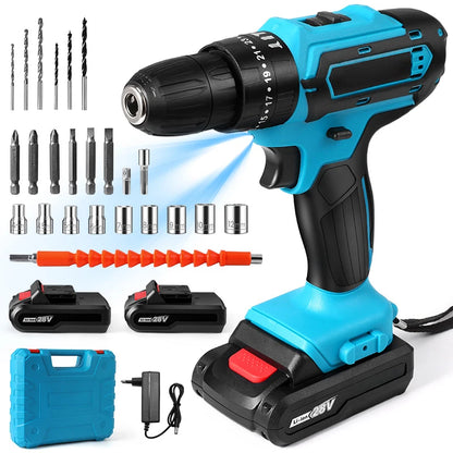 Perceuse-à-percussion-bleue-2 batteries-28v-étui-rangement-bleu-chargeur-noir-arbre-flexible-orange-forets-embouts