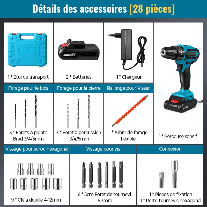 Perceuse-à-percussion-bleue-étui-de-transport-bleu-batterie-chargeur-arbre-de-forage-flexible-forets-embouts