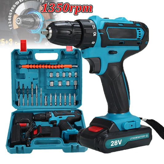 Perceuse-à-percussion-bleue-contenant-perceuse-batteries-28v-chargeur-mallette-bleue-kit-forets-embouts-arbre-de-forage-flexible-couleur-orange