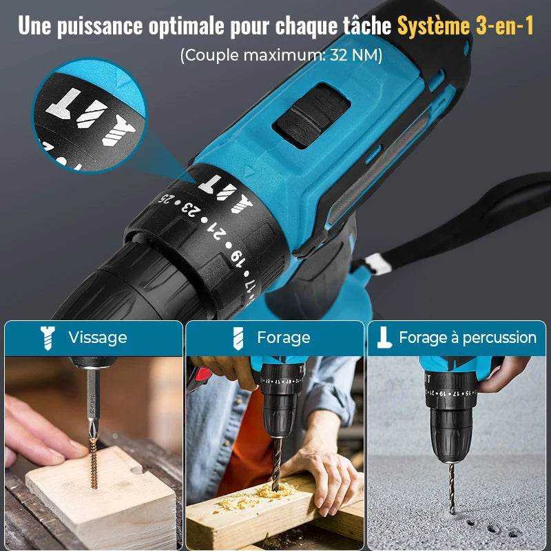 Perceuse-à-percussion-bleue-vissage-sur-planche-forage-planche-bois-forage-percussion-béton-systeme-3-en-1