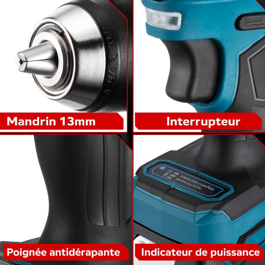 Perceuse électrique Brushless noire-bleue, mandrin, interrupteur, indicateur puissance, poignée antidérapante