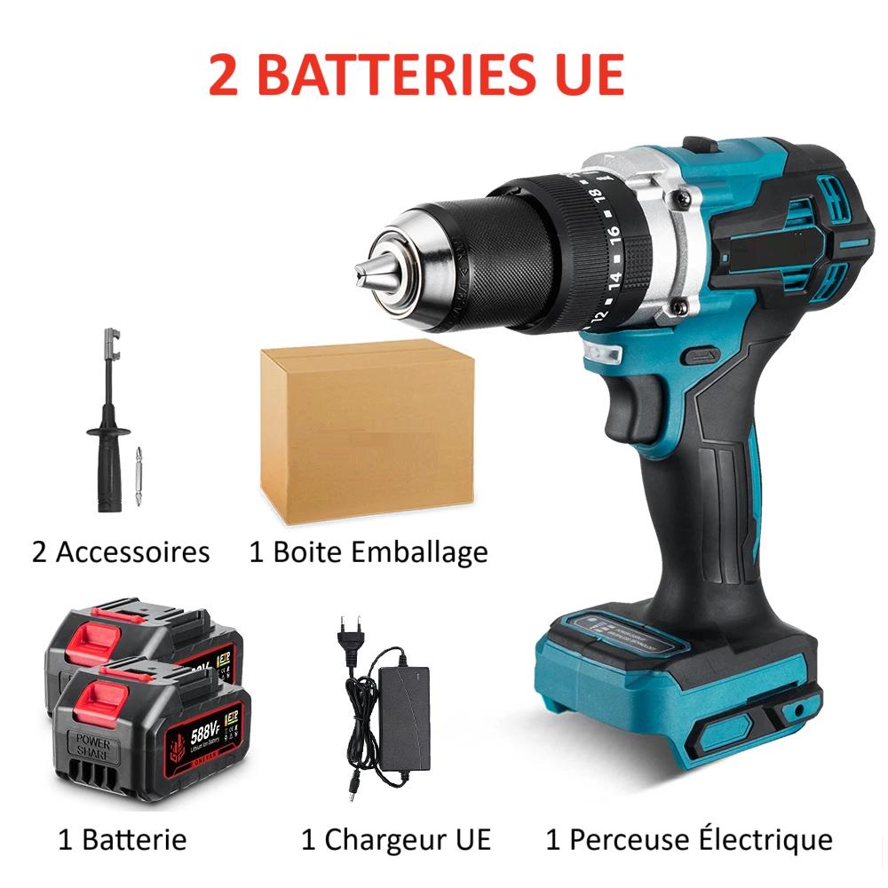 Perceuse electrique Brushless noire-bleue, deux batteries, chargeur UE, emballage carton