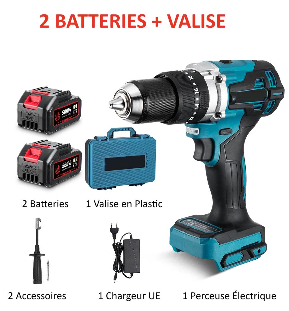Perceuse electrique Brushless noire-bleue, deux batteries, chargeur UE, emballage plastique bleu 