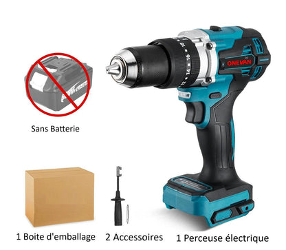 Perceuse electrique Brushless noire-bleue, deux batteries, chargeur UE, emballage plastique bleu 