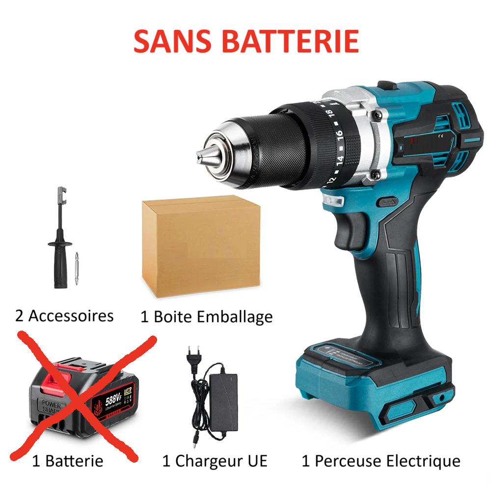 Perceuse electrique Brushless noire-bleue, deux batteries, chargeur UE, emballage plastique bleu 