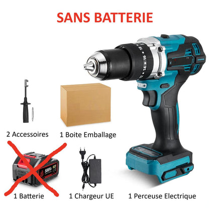 Perceuse electrique Brushless noire-bleue, deux batteries, chargeur UE, emballage plastique bleu 