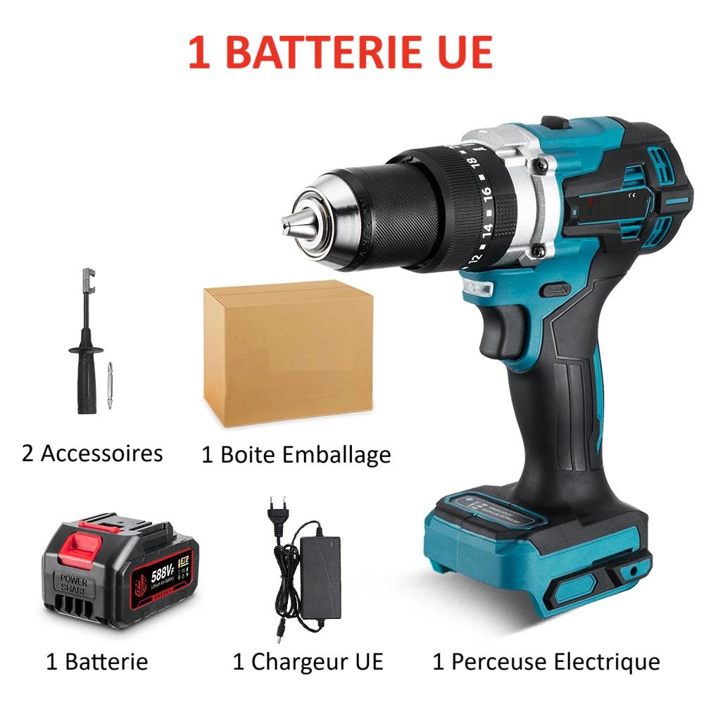 Perceuse electrique Brushless noire-bleue, une batterie, chargeur UE, emballage carton