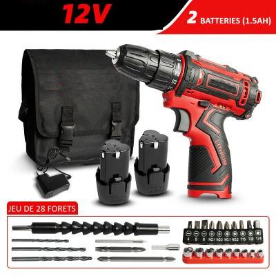 Perceuse visseuse sans fil sacoche noire deux batteries chargeur vingt huit forets