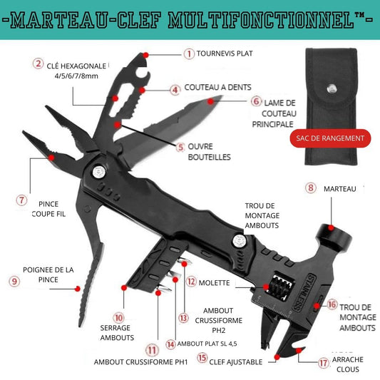 Pince Multifonction noir avec sacoche noire pratique , désignation des dix sept outils en un