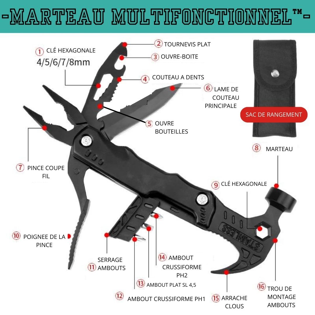 Pince Multifonction noir sacoche noire pratique  dix sept outils en un