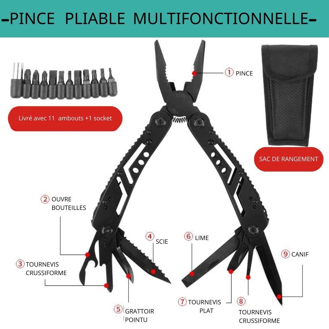 Pince Multifonction noire sac rangement noir  jeu d'embouts 