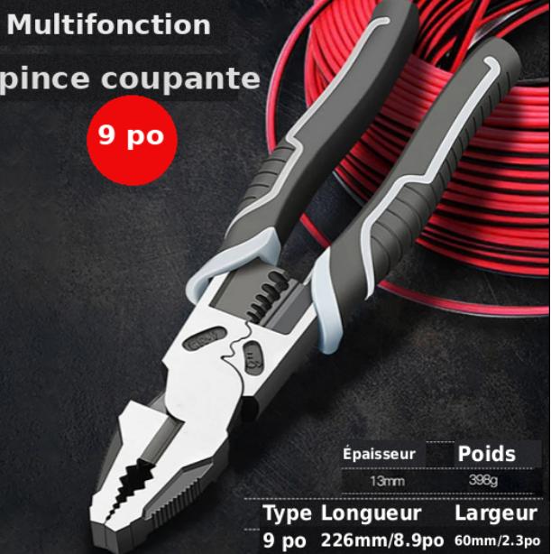 Pince Multifonctionnelle pour Électricien , coupante multifonction 9 pouces, outil CR‑V pour couper, dénuder et manipuler des fils électriques, avec spécifications de taille et poids.