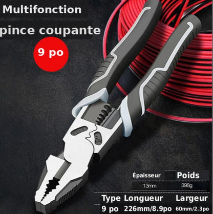 Pince Multifonctionnelle pour Électricien , coupante multifonction 9 pouces, outil CR‑V pour couper, dénuder et manipuler des fils électriques, avec spécifications de taille et poids.