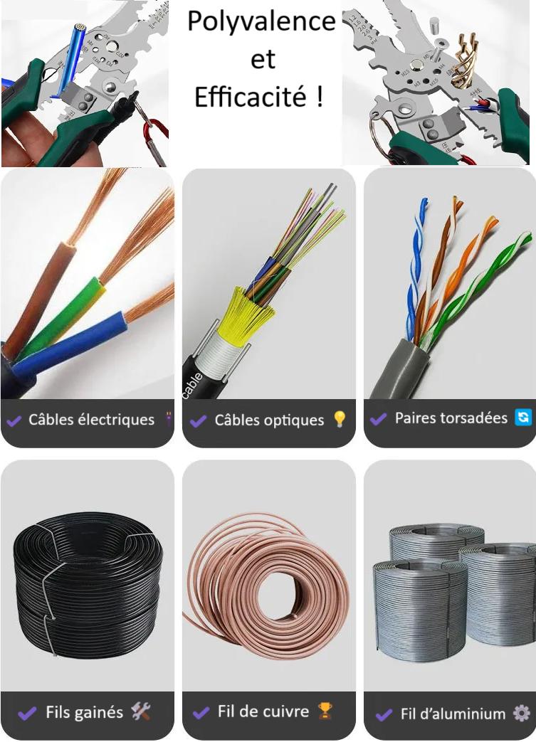 Pince a Denuder applications cablage electrique fibre optique paires torsadées fils rouge bleu marron gaine fil cuivre aluminium