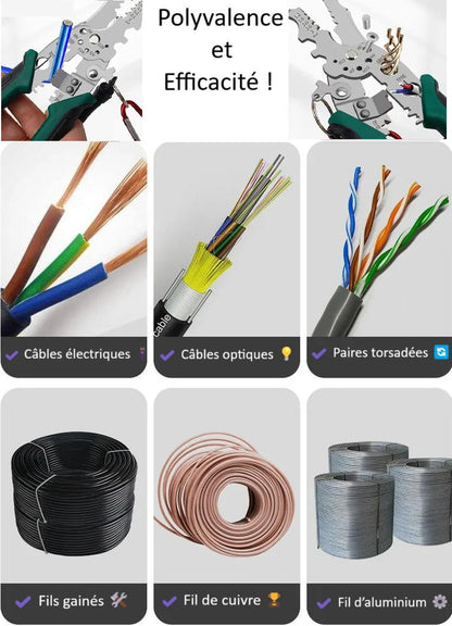 Pince a Denuder applications cablage electrique fibre optique paires torsadées fils rouge bleu marron gaine fil cuivre aluminium