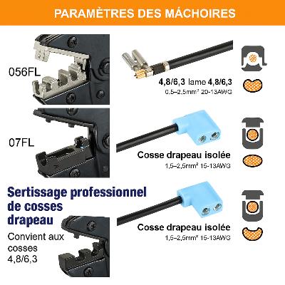 Pince a sertir parametres des machoires cosses drapeau de 4.8mm 6.3mm