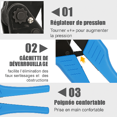 Pince a sertir , régulation de pression , gachette de deverouillage , poignee confortable