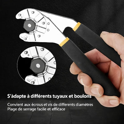 Pince multiprise, poignee noire et jaune antiderapante, adaptation tuyaux, boulons, ecrous differents diametres.