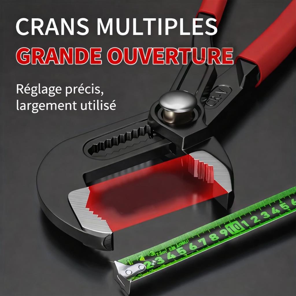Pince multiprise a  poignee rouge , crans multiples, grande ouverture