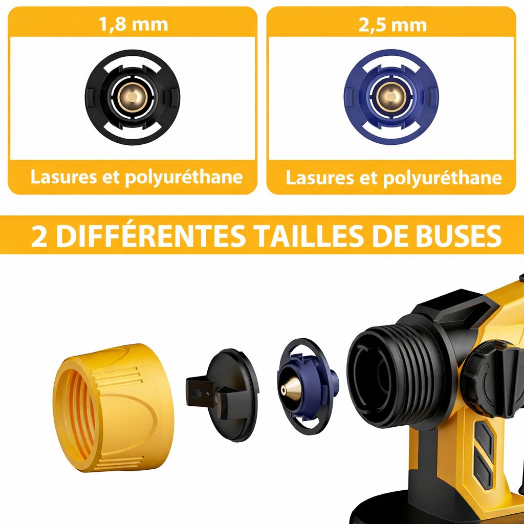 Pistolet peinture jaune noir,  goblet blanc, deux differentes tailles de buses