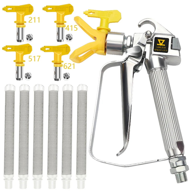 Pistolet peinture jaune poignee metalique , quatre buses jaunes,  six filtres pistolet peinture