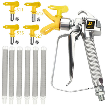 Pistolet peinture jaune poignee metalique , quatre buses jaunes,  six filtres pistolet peinture