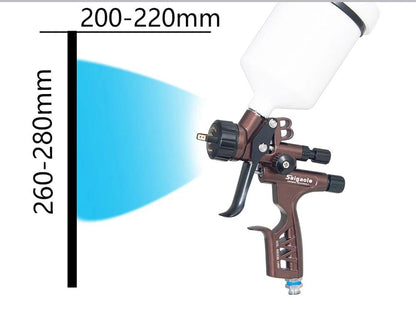 Pistolet peinture bleu, goblet blanc , poignee noire, dimensions jet peinture bleu