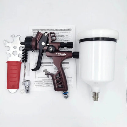 Pistolet peinture marron , goblet blanc poignee noire, cle rouge