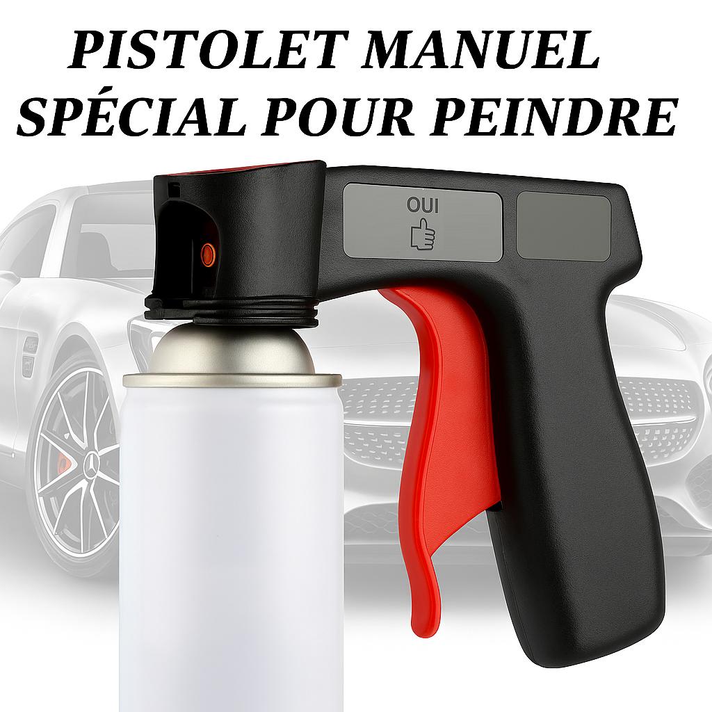 Pistolet peinture noir, gachette rouge, bombonne blanche devant voiture