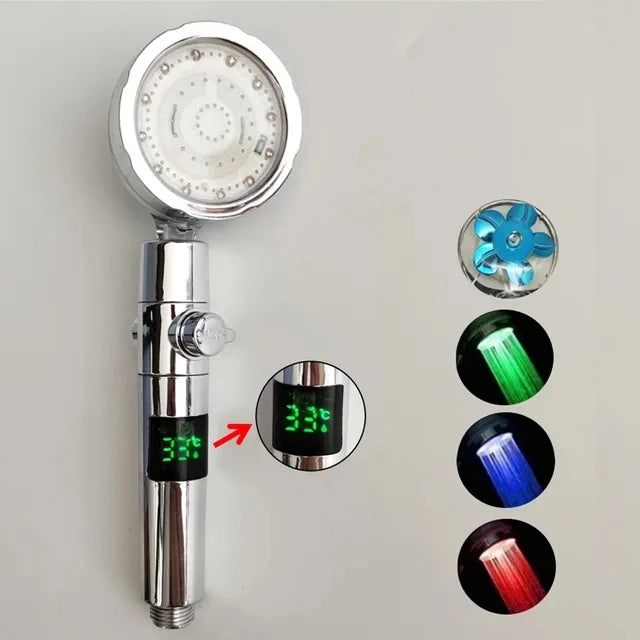 Pommeau de douche led argente , trois couleurs , helice bleue , indicateur temperature vert